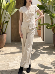 2pcs Set Fan Embroidery w/ Sleeves And Long Pants