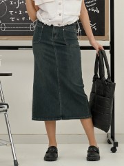 BTC24 Blue Green Wash Midi Denim Skirt