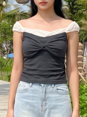 PG Lace Off Shoulder Front Twisted Top