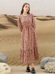 EID4 Flower Print Embellished Collar with Ribbon Belt Dress