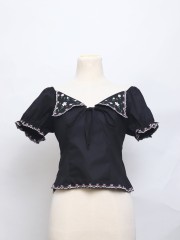SEA Collar Embroidery Puff Sleeves Top