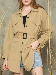 Double front pockets waist-tie trench coat