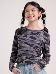 JR DITOX Zipper Army Pattern Long Sleeves Tee