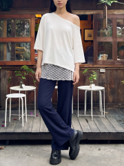 3pcsSet Loose OffShoulderTee-JerseyPants&Lace Acc