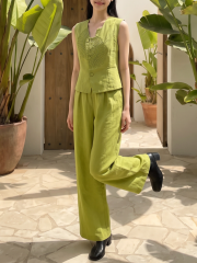 2pcs Set Green Fan Embroidery Top And Long Pants