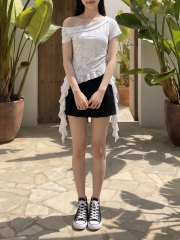 Off Shoulder Washed Side Drop Ruffles