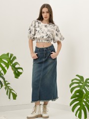 FELIZ23 Double Front Pocket Unfinished Denim Midi