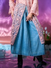 WW Denim Front Pleats Maxi Skirt