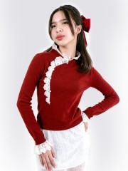 CNY Oriental Button Lace Knit Top