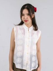 CNY Peony Embroidery Pearl Button Top