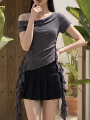 Off Shoulder Washed Side Drop Ruffles