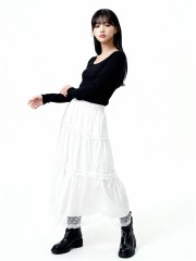 Elastic Waist Tiered Ruffles Long Inner Lace Skirt