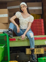 SEA Collar Embroidery Puff Sleeves Top