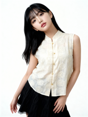 CNY Peony Embroidery Pearl Button Top