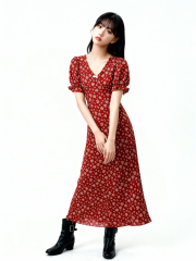 CNY Puff Sleeves V - Neck Flower Print Dress