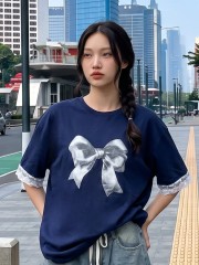 JR NRC Bow Print Lace Sleeves Tee