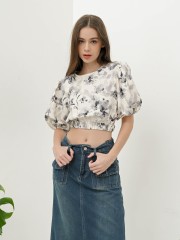 FELIZ23 Flower Print Back Elastic Crop Top