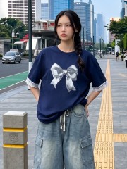 JR NRC Bow Print Lace Sleeves Tee