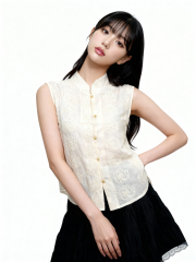 CNY Peony Embroidery Pearl Button Top