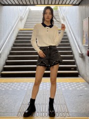 JR NRC Checkered Inner Black Denim Ripped Short