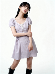 White Lining Side Runched Mini Dress