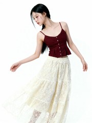 Himi Tiered Flower Embroidery Lace w/Inner Midi Skirt