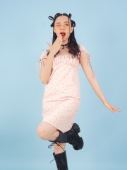 PT  Tied Ribbon Sleeves Flower Linen Combi Print Mini Dress