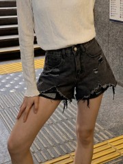 JR NRC Checkered Inner Black Denim Ripped Short