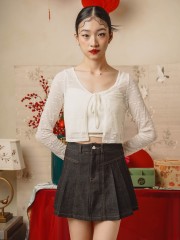 TT Heart Button Denim Pleats Skirt