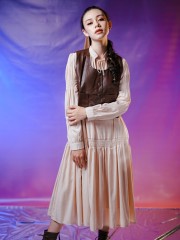 WW 2Pcs Set Rose Synthetic Leather Vest And Maxi Dress