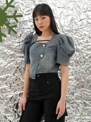 Taya Puff Sleeves Square Button Wash Denim Top