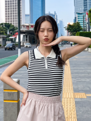 NRC Stripes Sleeveless Polo Zip Up Top