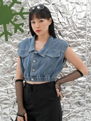 Elastic Waist Sleeveless Denim Top