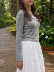 JR CORE PG Lace & Ribbon Neckline Long Sleeves Tee