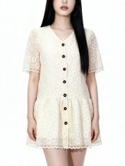 Lucy Embroidery Ribbon Gold Button Mini Dress