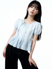 CNY Flower Embroidery Necklining Tied Top