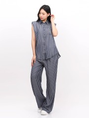 BTC 2 Pcs Set Puff Shirt And Elastic Stripe Pants