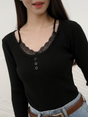 SMARTEN Evelyn Round Neck Lace Combi Knit Top
