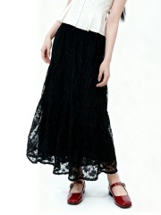 Himi Tiered Flower Embroidery Lace w/Inner Midi Skirt