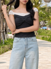 PG Lace Off Shoulder Front Twisted Top
