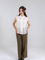 CNY Peony Embroidery Pearl Button Top