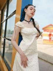 PT  Tied Ribbon Sleeves Flower Linen Combi Print Mini Dress