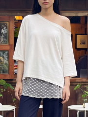 3pcsSet Loose OffShoulderTee-JerseyPants&Lace Acc