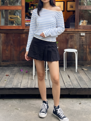 PG Blue Stripes Off Shoulder Knit Top