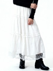 Elastic Waist Tiered Ruffles Long Inner Lace Skirt