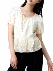 CNY Flower Embroidery Necklining Tied Top