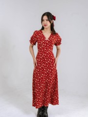 CNY Puff Sleeves V - Neck Flower Print Dress