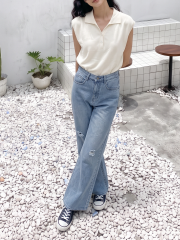 PG Light Denim Knee Ripped Semi Boot Cut Jeans