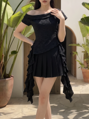 Off Shoulder Washed Side Drop Ruffles