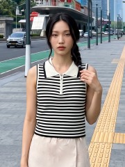 NRC Stripes Sleeveless Polo Zip Up Top